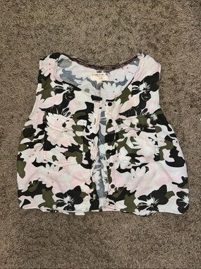 Triple Five Soul Pink, Green & Black Floral Camo button Top